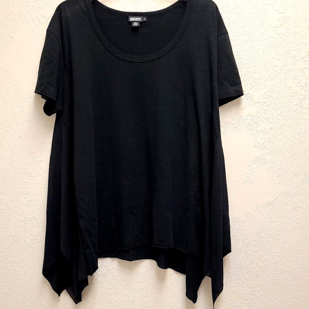 DKNY Tunic Trapeze Tee Womens Sz S Black Sheer Panel Sharkbite Hem Cotton Silk
